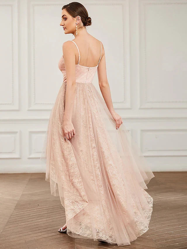 Graceful Lace and Tulle A-Line Sweetheart Spaghetti Strap Zipper Back High-Low Homecoming Dresses