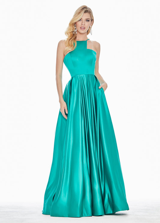 Graceful Satin A-Line Halter Neck Sleeveless Open Back Floor-Length Evening Dresses