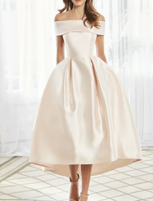 Graceful Satin A-Line Off-Shoulder Sleeveless Closed Back High-Low Mother of the Bride Dresses
