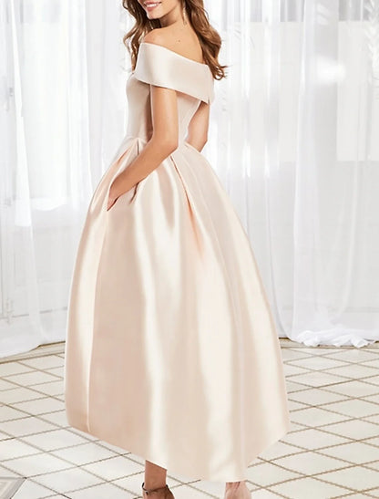 Graceful Satin A-Line Off-Shoulder Sleeveless Closed Back High-Low Mother of the Bride Dresses