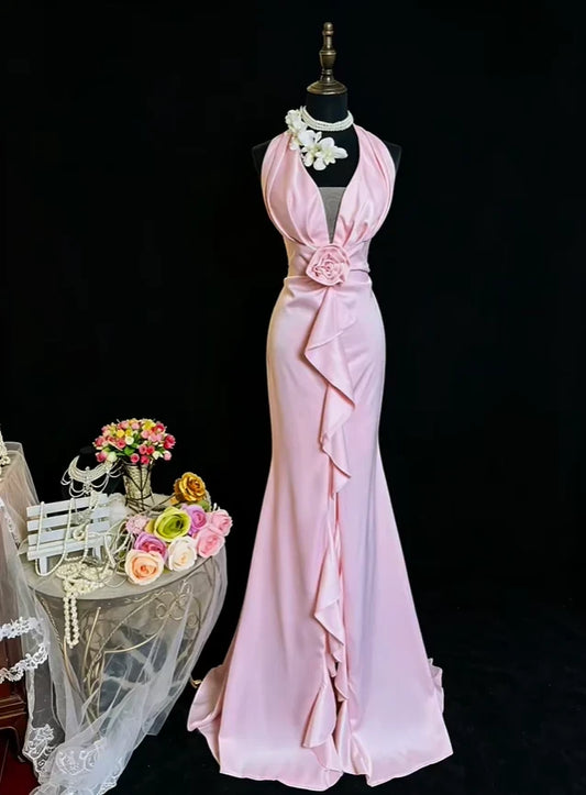 Graceful Satin Mermaid Halter V-Neck Sleeveless Open Back Tie Back Floor-Length Prom Dresses