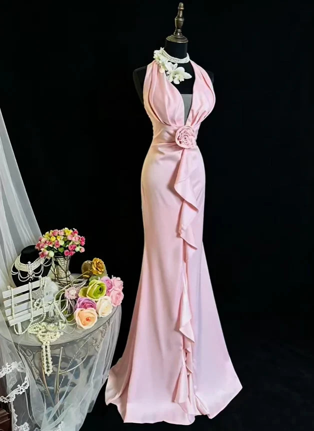 Graceful Satin Mermaid Halter V-Neck Sleeveless Open Back Tie Back Floor-Length Prom Dresses