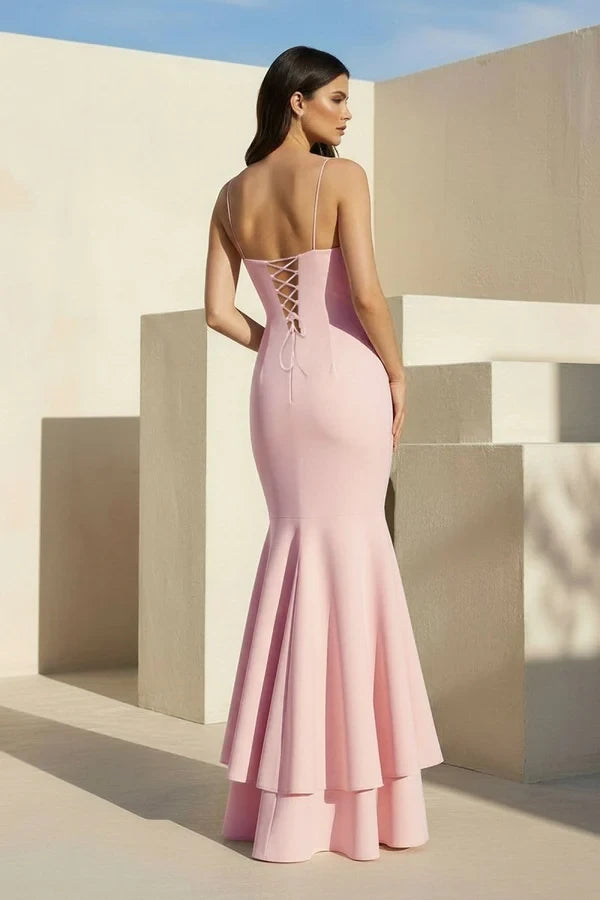Graceful Satin Mermaid Square Neck Spaghetti Straps Lace-Up Back Long Evening Dresses