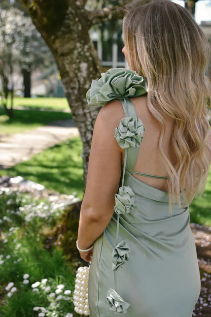 Graceful Satin Sheath High Neck Ruffled One-Shoulder Open Back Floral Strap Maxi Bridesmaid Dresses