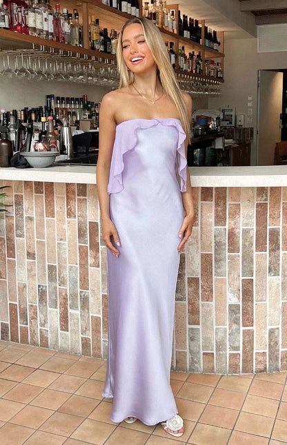 Graceful Silky Satin Sheath Strapless Ruffle Trim Bow Back Maxi Bridesmaid Dresses