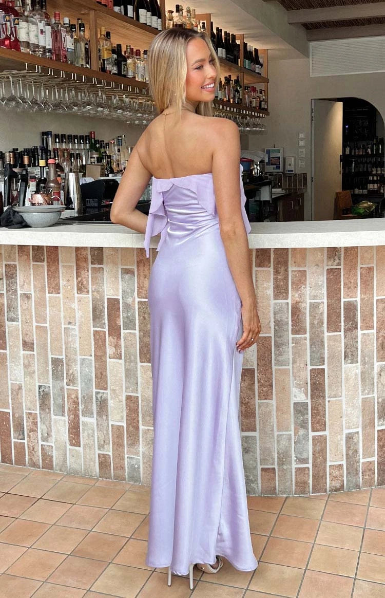 Graceful Silky Satin Sheath Strapless Ruffle Trim Bow Back Maxi Bridesmaid Dresses