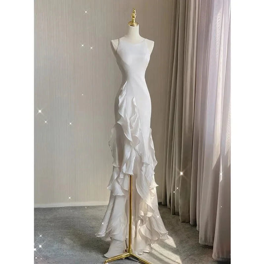Graceful Simple Satin Mermaid Round Neck Sleeveless Low Back Floor Length Wedding Dresses