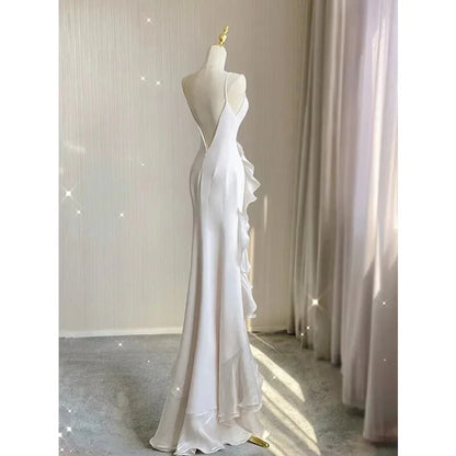 Graceful Simple Satin Mermaid Round Neck Sleeveless Low Back Floor Length Wedding Dresses