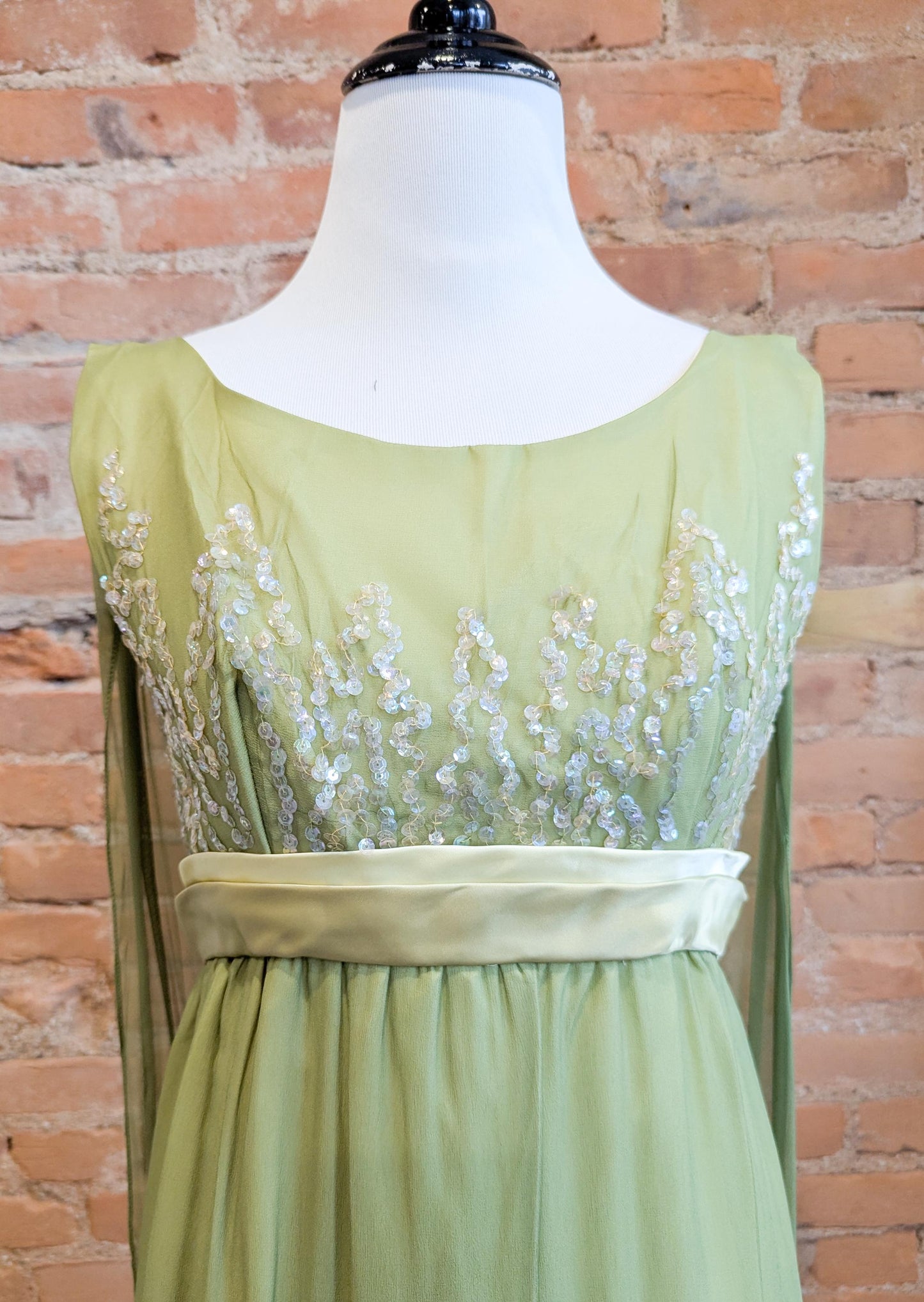 Grecian-Inspired Chiffon Empire Waist Beaded Bodice Floor-Length Evening Dress with Capelet Sleeves