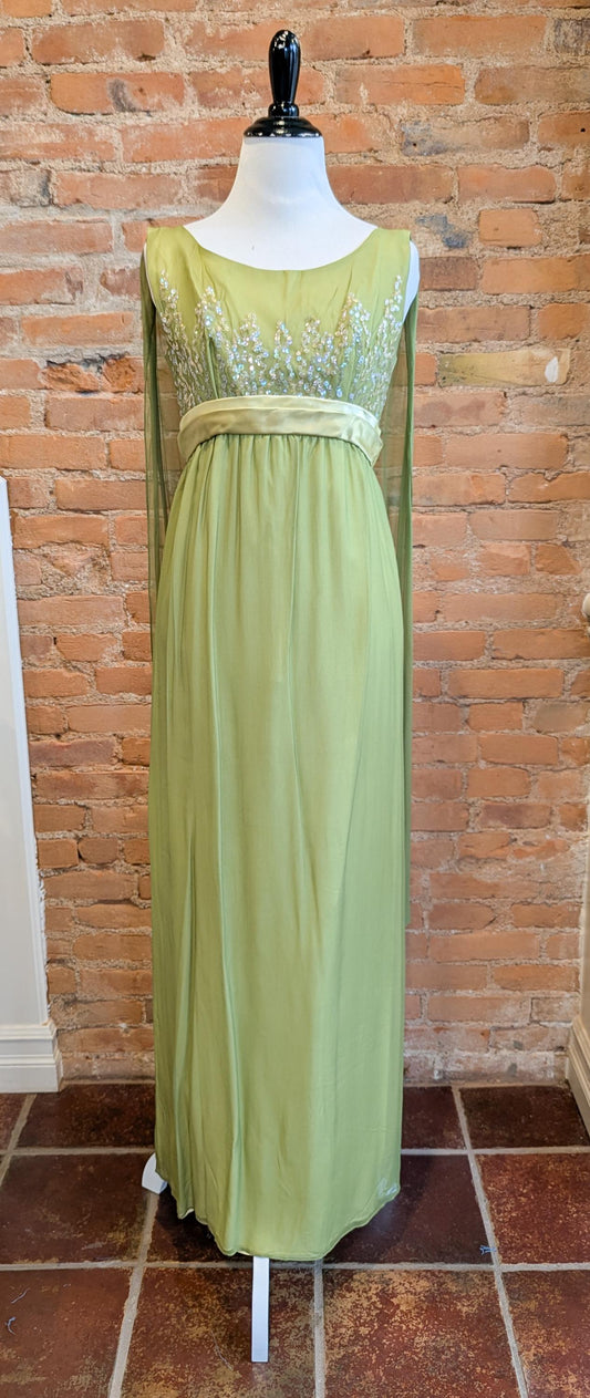Grecian-Inspired Chiffon Empire Waist Beaded Bodice Floor-Length Evening Dress with Capelet Sleeves