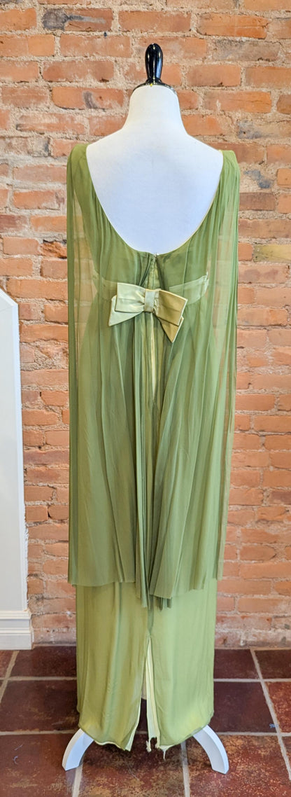 Grecian-Inspired Chiffon Empire Waist Beaded Bodice Floor-Length Evening Dress with Capelet Sleeves