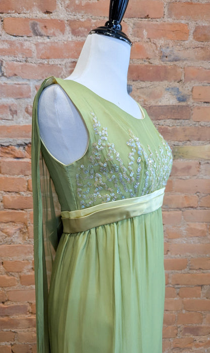 Grecian-Inspired Chiffon Empire Waist Beaded Bodice Floor-Length Evening Dress with Capelet Sleeves