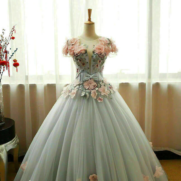 Grey Ball Gown 3D Flowers Princess Party Gown, Sweet Formal Dress Grey Formal Dress
