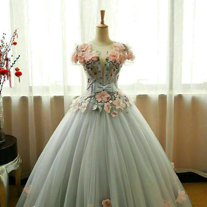 Grey Ball Gown 3D Flowers Princess Party Gown, Sweet Formal Dress Grey Formal Dress