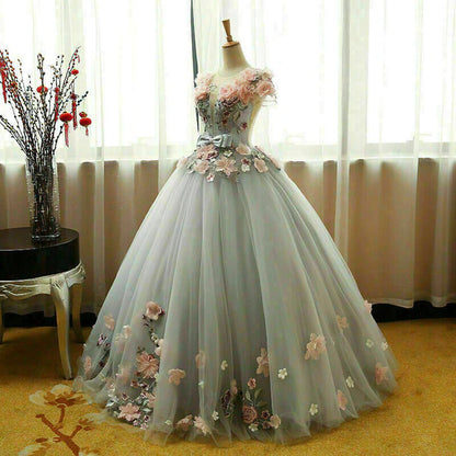 Grey Ball Gown 3D Flowers Princess Party Gown, Sweet Formal Dress Grey Formal Dress