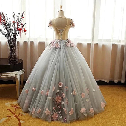 Grey Ball Gown 3D Flowers Princess Party Gown, Sweet Formal Dress Grey Formal Dress