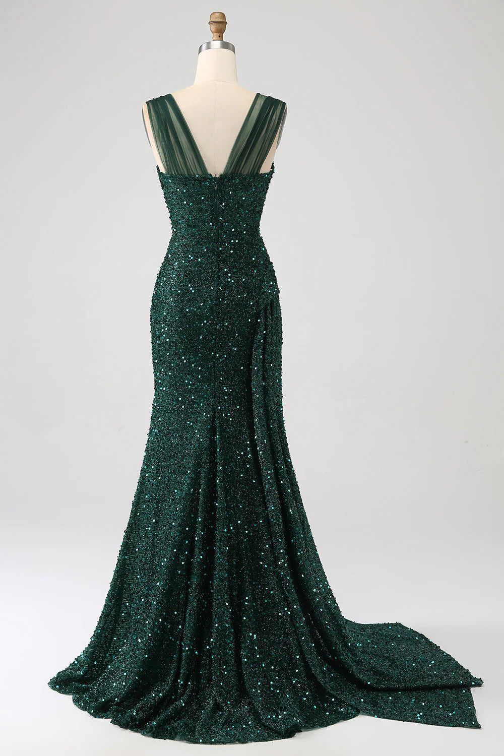 Dark green sequin pleated thigh slit long prom dress