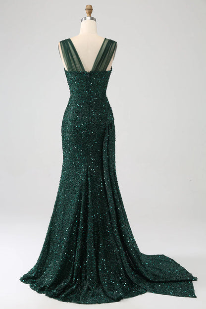 Dark green sequin pleated thigh slit long prom dress