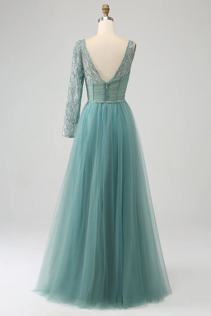 Grey green A-shaped shiny sequin long tight fitting corset prom dress