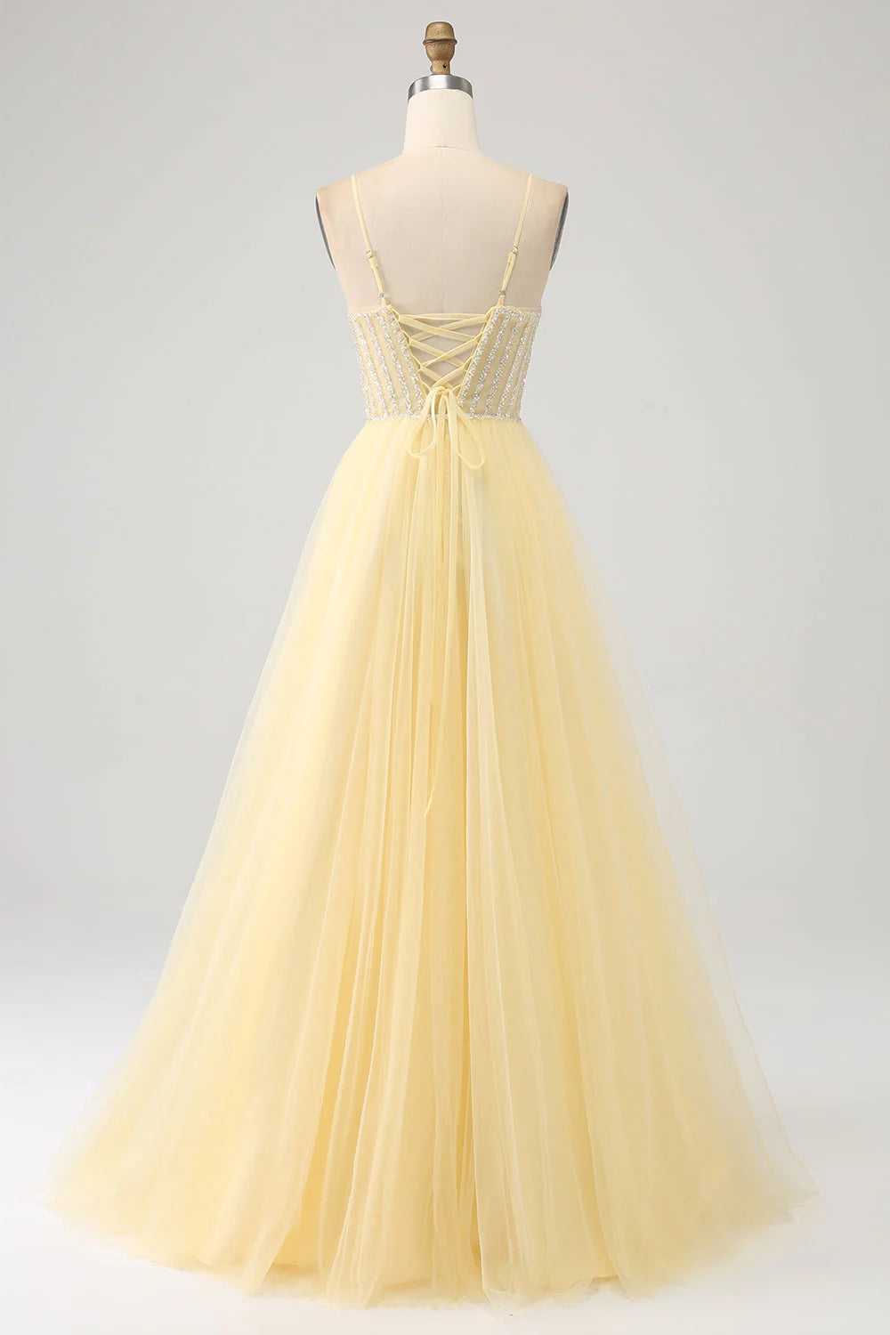 Thin gauze beaded light yellow slit prom dress