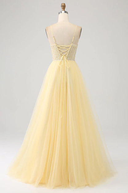 Thin gauze beaded light yellow slit prom dress