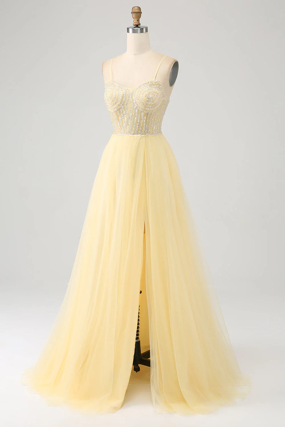 Thin gauze beaded light yellow slit prom dress