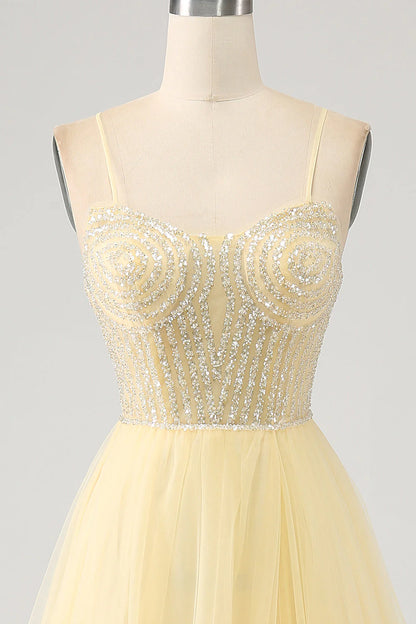 Thin gauze beaded light yellow slit prom dress