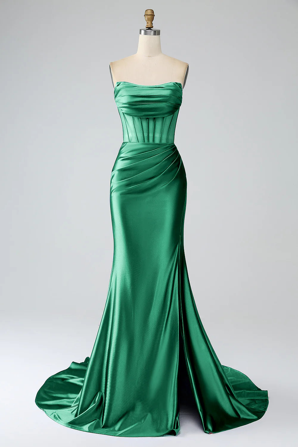 Deep green slit fishtail strapless tight fitting corset with long prom dress