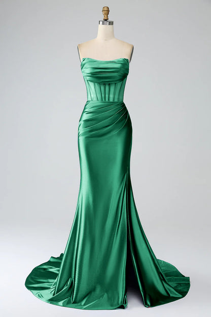 Deep green slit fishtail strapless tight fitting corset with long prom dress