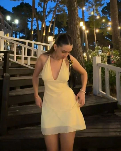 Halter Deep V Chiffon Mini Homecoming Dress Tie Neck Open Back Layered Ruffle Flowy Skirt