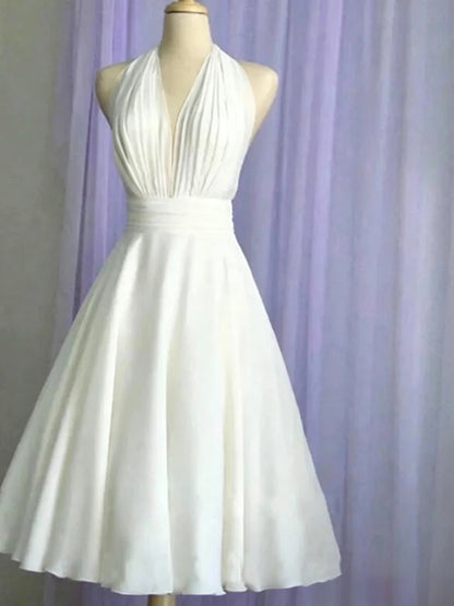 Halter Deep V Ruched Open Back Bow Chiffon Midi Homecoming Dresses