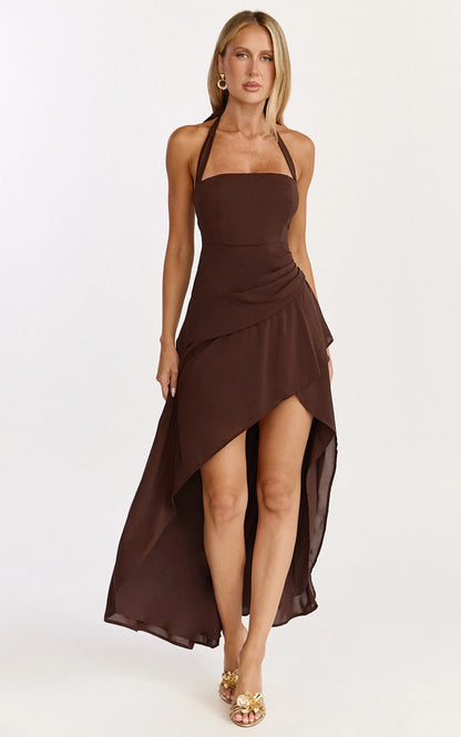 Elegant Chiffon Halter Neck Ruched Asymmetrical High-Low Evening Dress