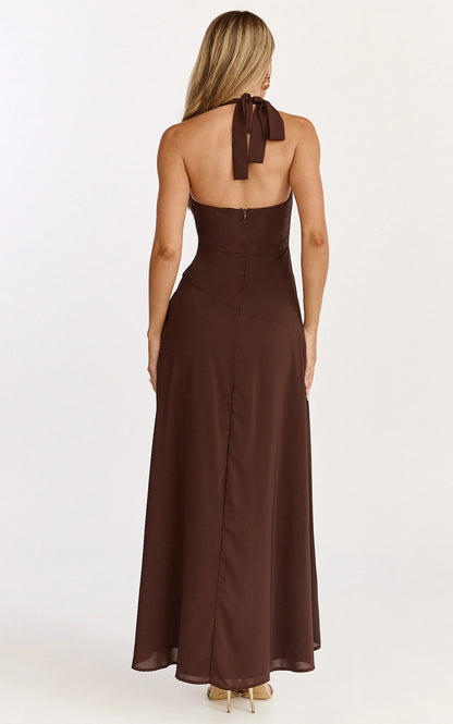 Elegant Chiffon Halter Neck Ruched Asymmetrical High-Low Evening Dress