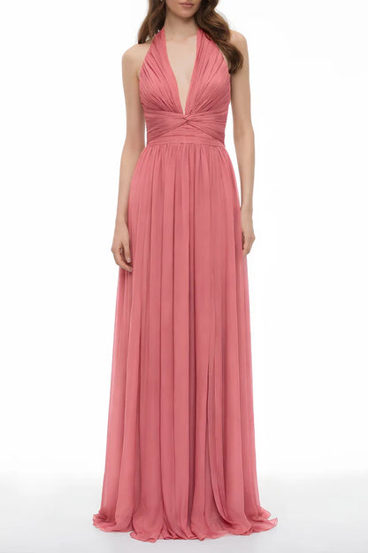 Halter Neck Chiffon A-Line Floor Length Evening Dress with Plunge V-Neck, Knot Detail and Front Slit