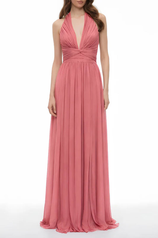 Halter Neck Chiffon A-Line Floor Length Evening Dress with Plunge V-Neck, Knot Detail and Front Slit