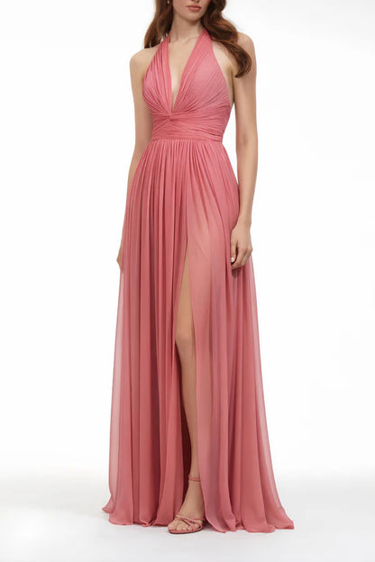 Halter Neck Chiffon A-Line Floor Length Evening Dress with Plunge V-Neck, Knot Detail and Front Slit
