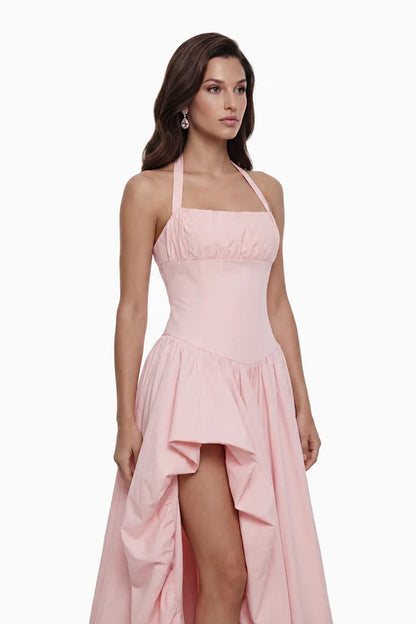 Halter Neck Corset A-Line Floor Length Evening Dress with Asymmetrical Ruffled Skirt and Lace-Up Back