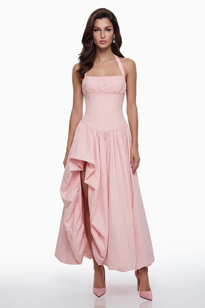 Halter Neck Corset A-Line Floor Length Evening Dress with Asymmetrical Ruffled Skirt and Lace-Up Back