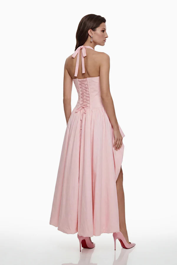 Halter Neck Corset A-Line Floor Length Evening Dress with Asymmetrical Ruffled Skirt and Lace-Up Back