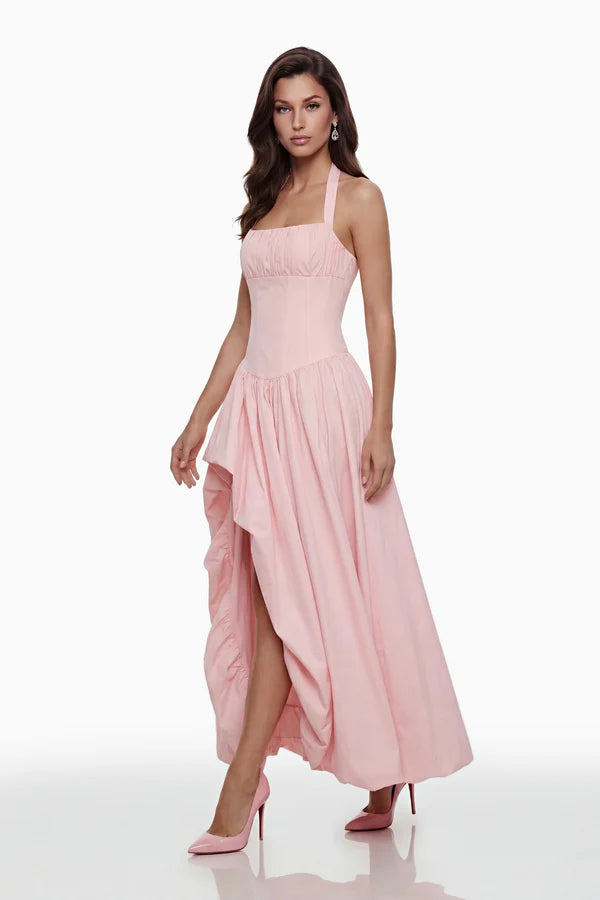 Halter Neck Corset A-Line Floor Length Evening Dress with Asymmetrical Ruffled Skirt and Lace-Up Back