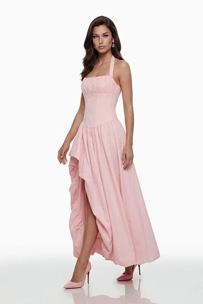 Halter Neck Corset A-Line Floor Length Evening Dress with Asymmetrical Ruffled Skirt and Lace-Up Back