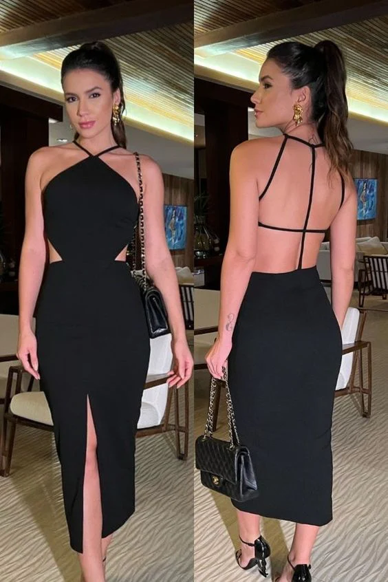 Sleek Satin Halter Neck Cutout Crisscross Back Slit Midi Prom Dress
