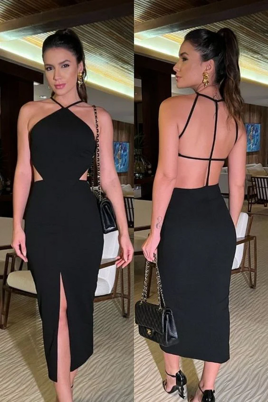 Halter Neck Cutout Waist Crisscross Back Slit Midi Prom Dresses