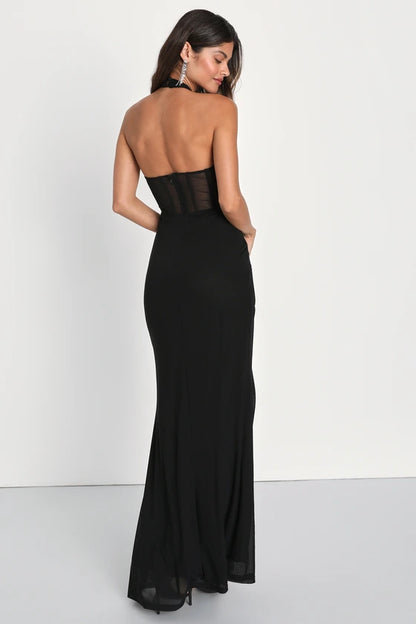 Halter Neck Evening Dresses with Sheer Corset Bodice, Ruched Detail and High Slit Formal Gown