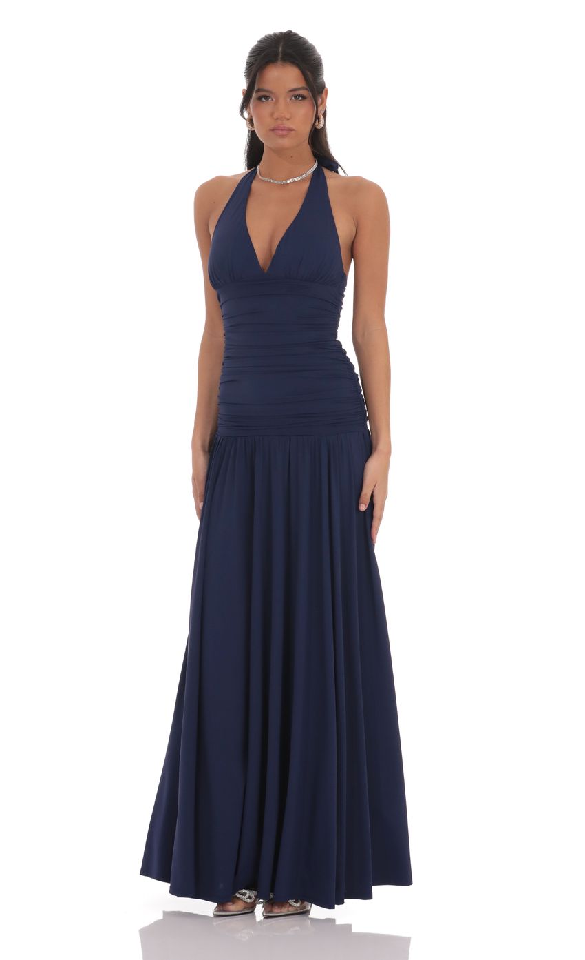 Halter Neck Ruched Bodice Evening Dress with Open Back & A-Line Maxi Skirt