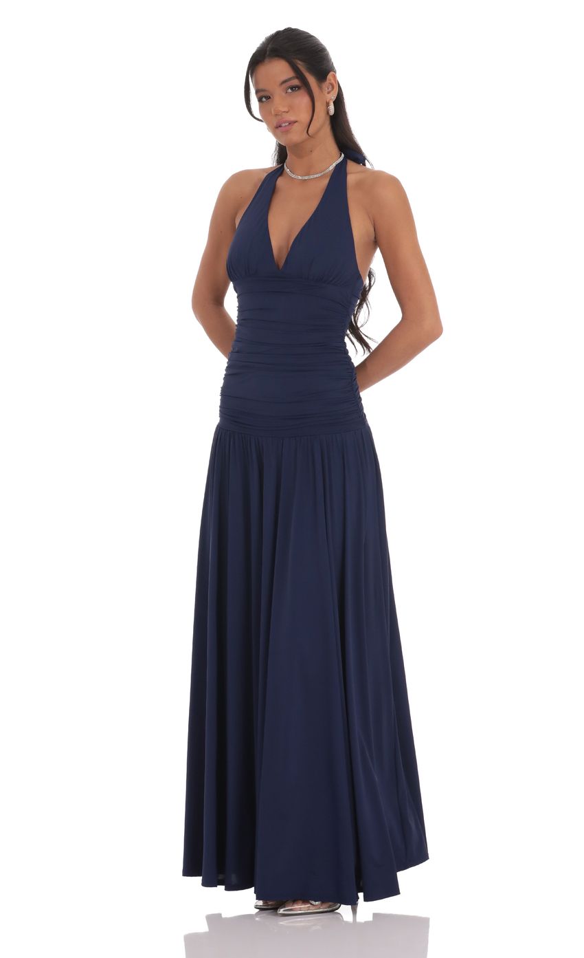 Halter Neck Ruched Bodice Evening Dress with Open Back & A-Line Maxi Skirt