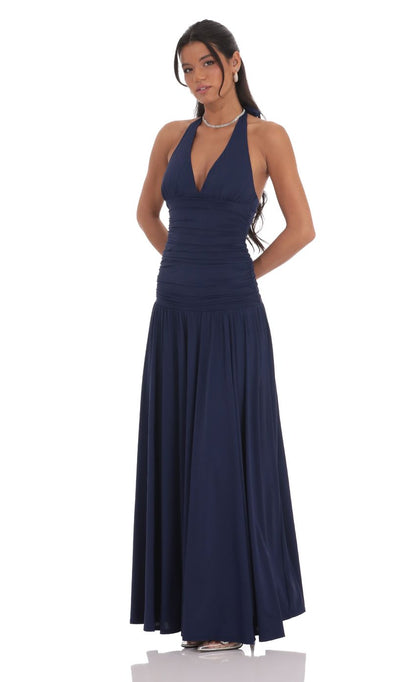 Halter Neck Ruched Bodice Evening Dress with Open Back & A-Line Maxi Skirt