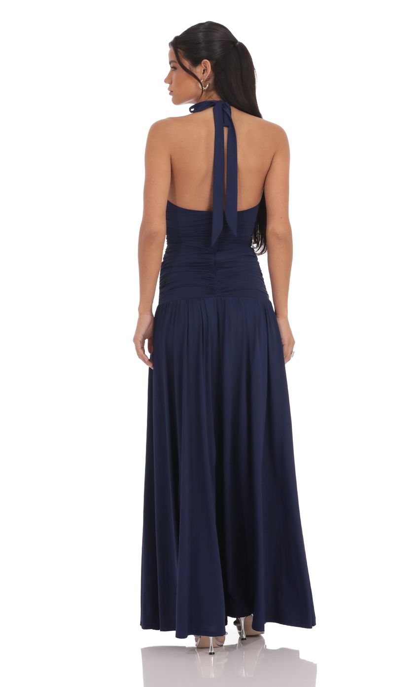 Halter Neck Ruched Bodice Evening Dress with Open Back & A-Line Maxi Skirt