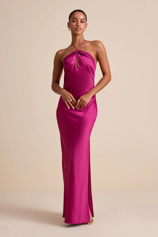 Halter Neck Satin Evening Dresses with Keyhole Detail, Open Back and High Slit Formal Gown
