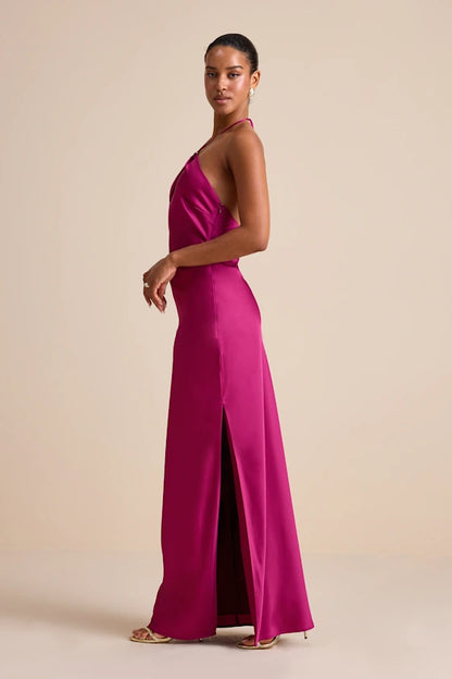 Halter Neck Satin Evening Dresses with Keyhole Detail, Open Back and High Slit Formal Gown